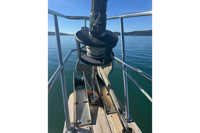 Slide: The Image of Bow view of 2002 Island Packet 350 sailboat on calm water. - 14