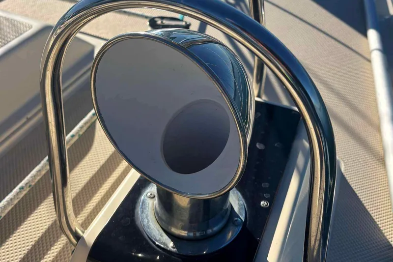 Slide: The Image of Close-up of a 2002 Island Packet 350 sailboat's deck fitting and railing. - 19
