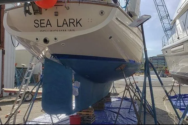 Slide: The Image of 2002 Island Packet 350 sailboat "Sea Lark" in dry dock for maintenance. - 4