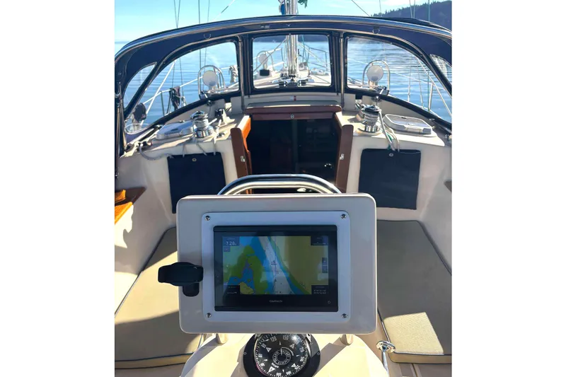 Slide: The Image of Cockpit view of 2002 Island Packet 350 sailboat with navigation system. - 7