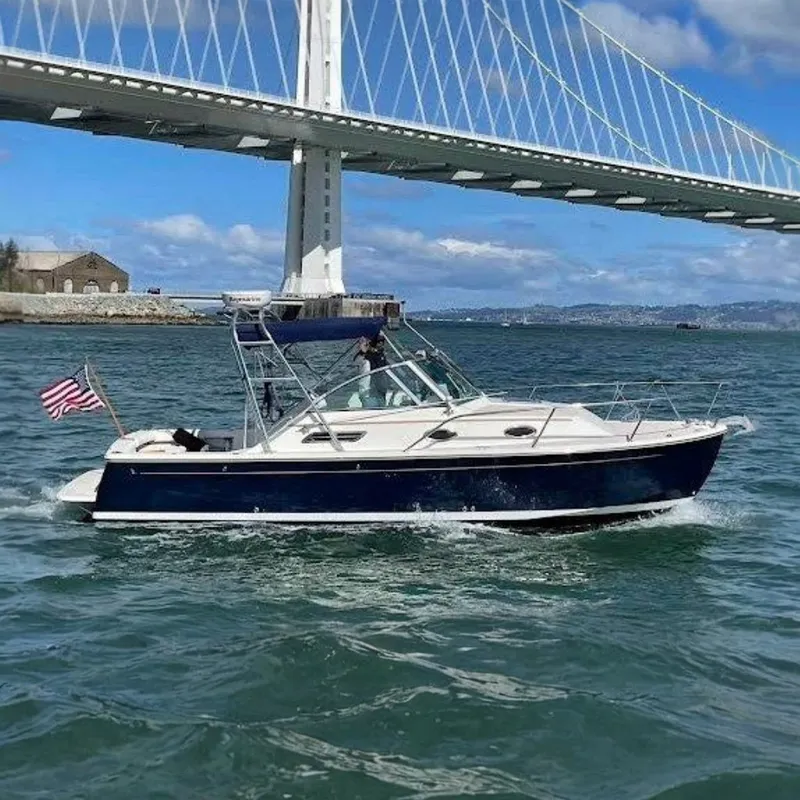 The Image of 2005 Back Cove 26 boat cruising under a large bridge on a sunny day. - 0