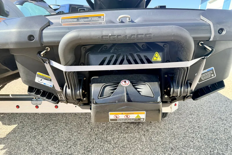 Slide: The Image of 2024 Seadoo GTR-X 300 & WAKE 170 rear view, showcasing engine and safety warnings. - 35