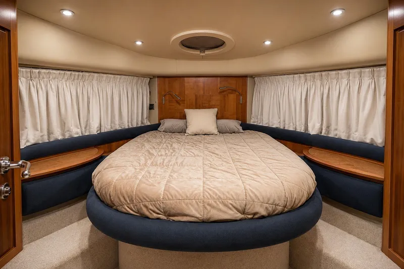 Slide: The Image of Luxurious bedroom interior of 2007 Azimut 55E yacht with circular bed and elegant wood accents. - 41