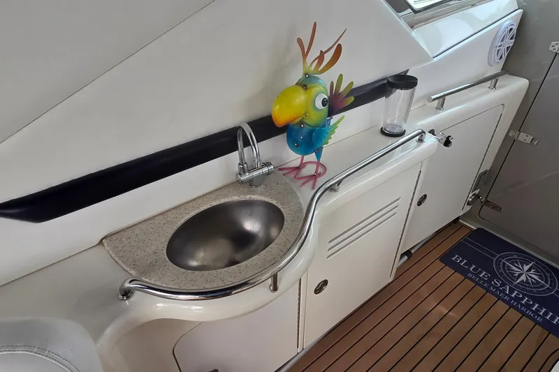 Slide: The Image of 2008 Sea Ray 38 Sundancer yacht interior with sink, colorful bird decor, and wooden flooring. - 11