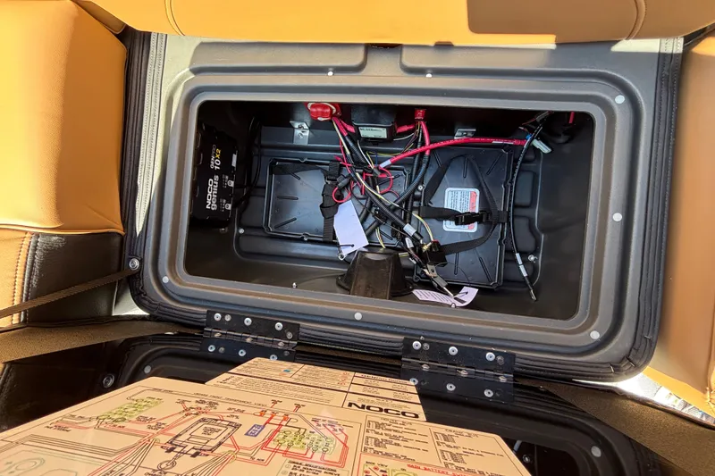 Slide: The Image of Battery compartment of a 2027 Regency 230 DL3 boat with wiring and schematic. - 15