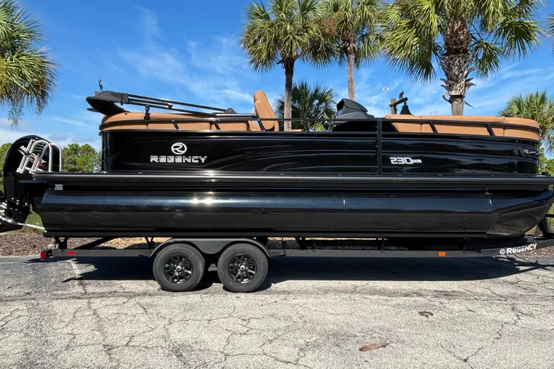 The Image of 2027 Regency 230 DL3 pontoon boat on trailer, parked under palm trees. - 0
