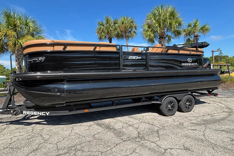 Slide: The Image of 2027 Regency 230 DL3 pontoon boat on trailer, parked under palm trees, clear blue sky. - 4