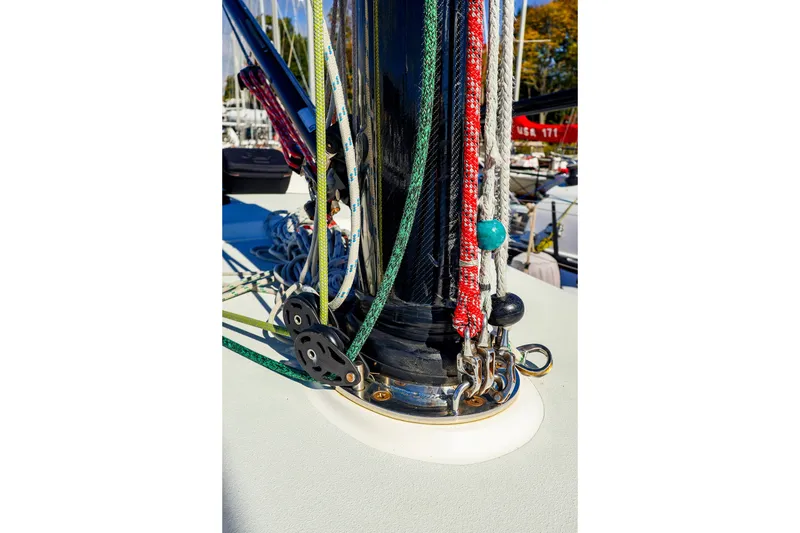 Slide: The Image of Close-up of 2014 J Boats J/111 sailboat mast with colorful ropes and pulleys. - 25