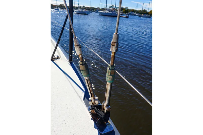 Slide: The Image of Close-up of rigging on a 2014 J Boats J/111 sailboat, with water in the background. - 21
