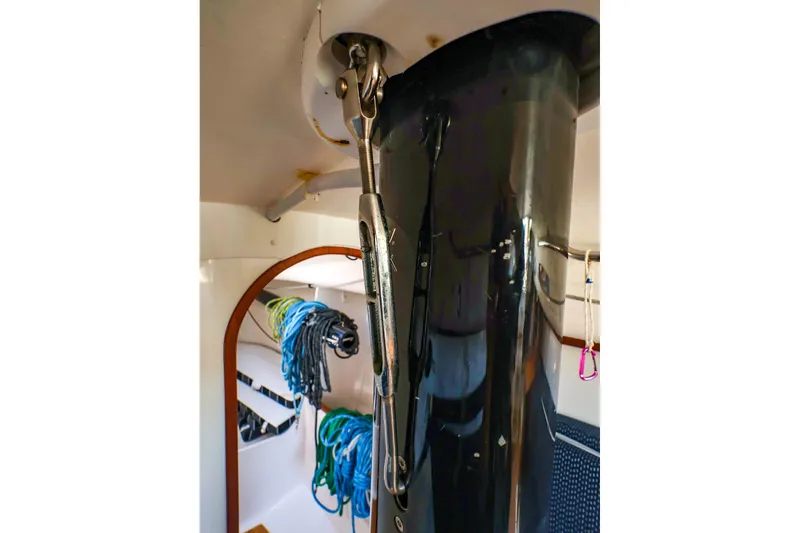 Slide: The Image of Interior view of a 2014 J Boats J/111 sailboat, featuring rigging and ropes. - 43