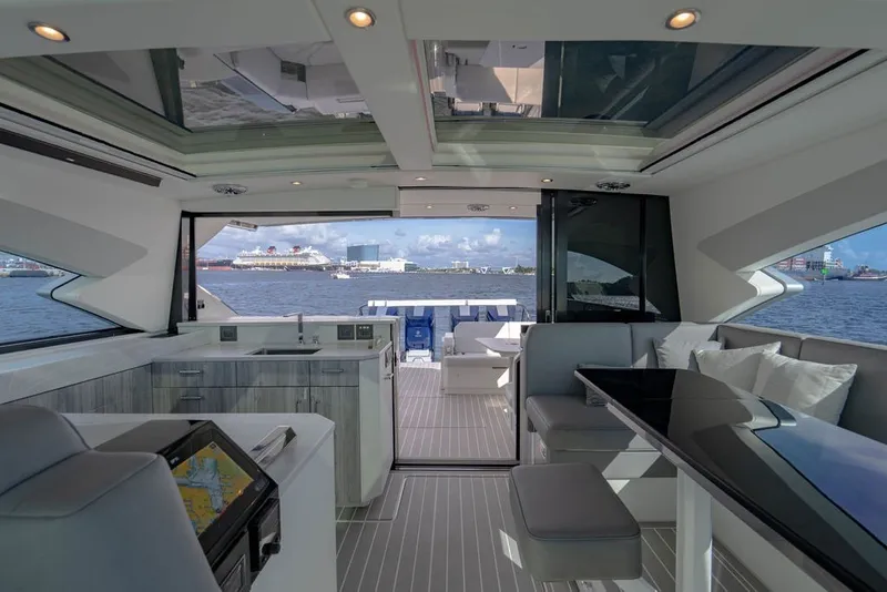 Slide: The Image of Luxurious interior of 2025 Formula 500 Super Sport Crossover yacht with modern amenities and scenic view. - 105