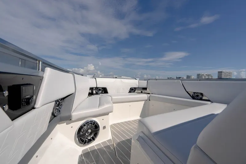 Slide: The Image of 2025 Formula 500 Super Sport Crossover boat interior with sleek seating and modern design. - 115