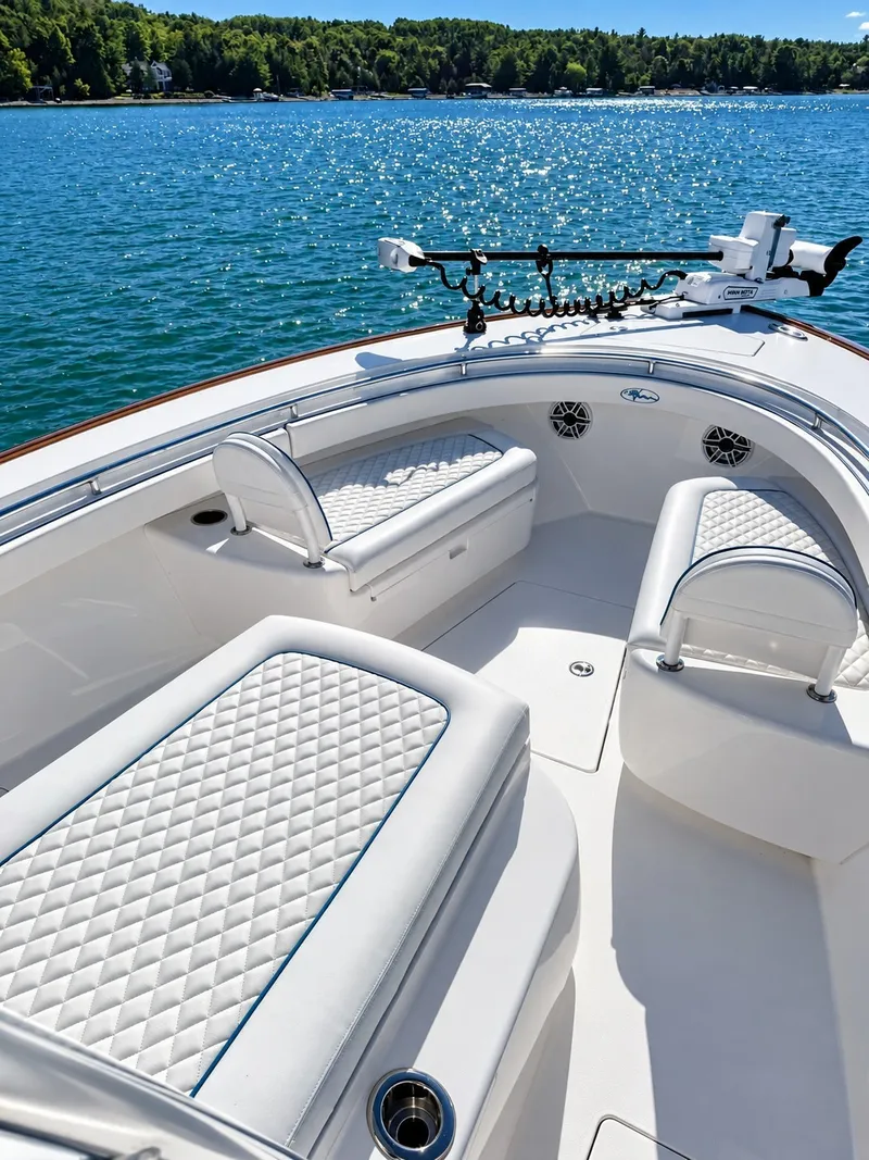 Slide: The Image of The image shows the deck of a 2025 Valhalla V-29 Hybrid with cushioned seating. - 19