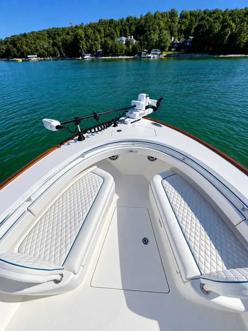 Slide: The Image of The image shows the bow of a 2025 Valhalla V-29 Hybrid with white cushioned seating. - 20