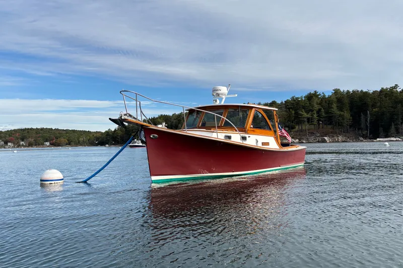 Slide: The Image of Red 1993 Webbers Cove Pemaquid Beach 26 boat moored on calm water. - 5