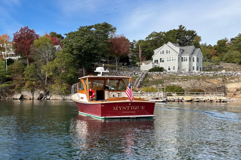 Slide: The Image of 1993 Webbers Cove Pemaquid Beach 26 boat on calm water near scenic shoreline. - 8