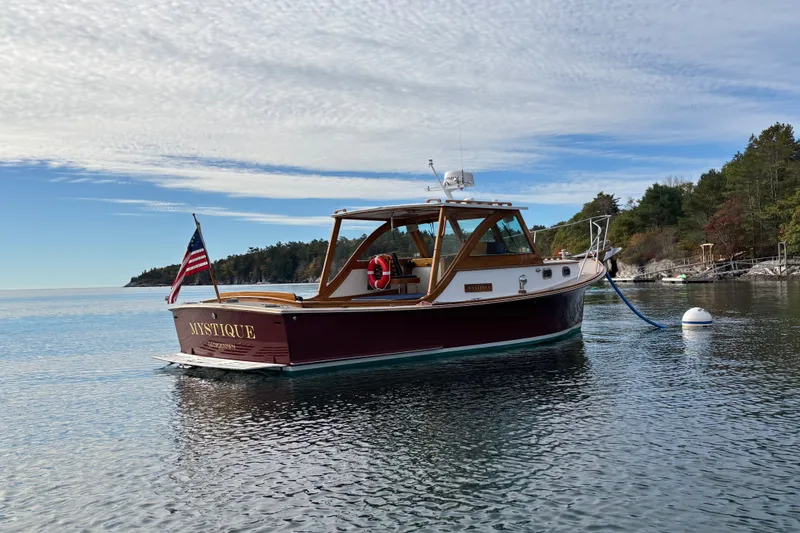 Slide: The Image of 1993 Webbers Cove Pemaquid Beach 26 boat on calm water, scenic background. - 6