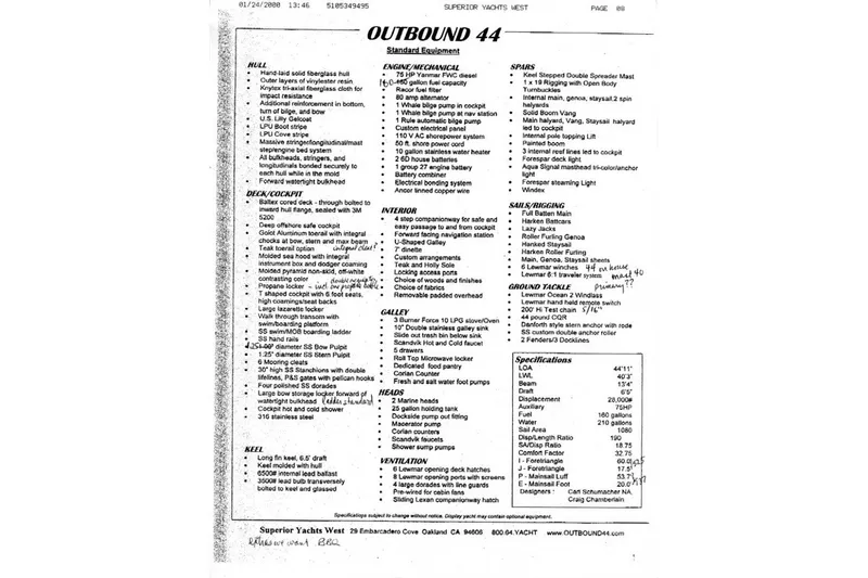 Slide: The Image of Image of a 2001 Outbound 44/46 yacht specifications sheet detailing standard equipment and features. - 63