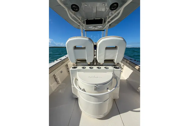 Slide: The Image of 2021 Sea Chaser 30 HFC CC boat interior with seating and ocean view. - 20