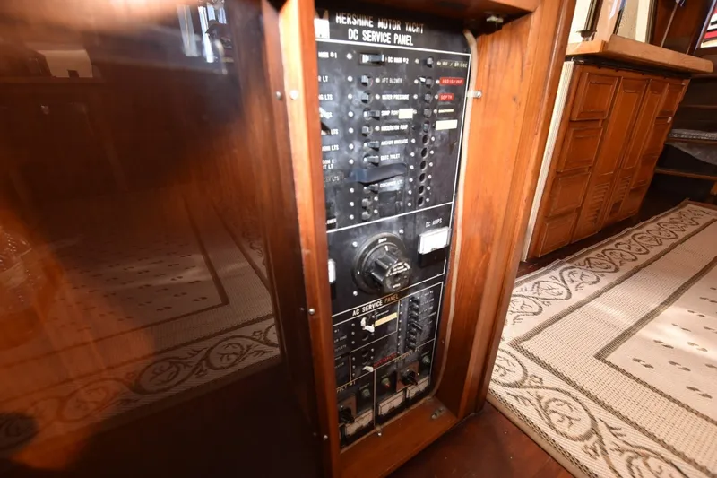 Slide: The Image of Electrical service panel on 1989 Jefferson Marquessa 52 yacht, wooden interior detail. - 18