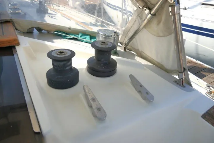 Slide: The Image of Deck of 1984 Wauqueize Hood 38 MK II sailboat with winches and cleats. - 40