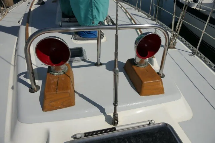 Slide: The Image of 1984 Wauqueize Hood 38 MK II yacht deck with red ventilators and wooden bases. - 43