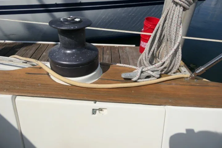 Slide: The Image of Deck of 1984 Wauqueize Hood 38 MK II sailboat with winch and ropes. - 36