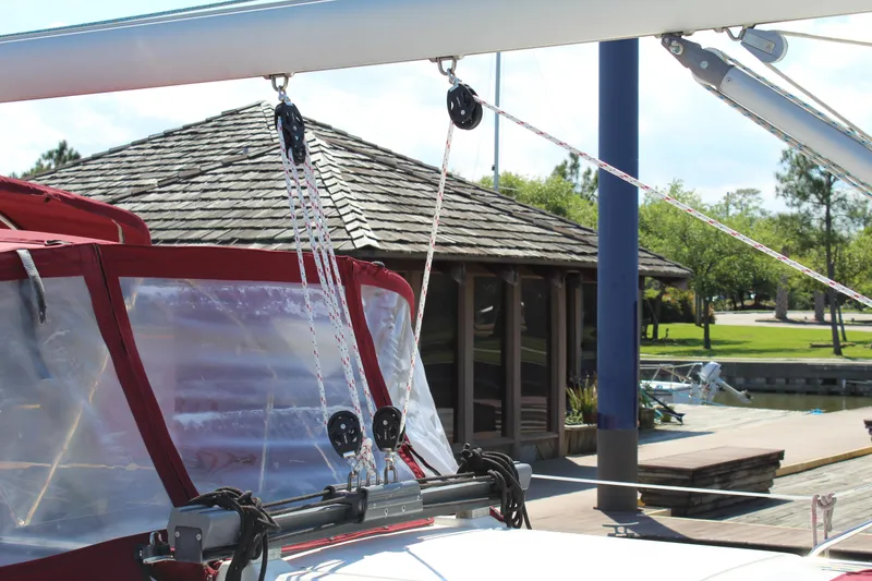 Slide: The Image of Close-up of rigging on a 2003 Dufour Gib Sea 37 sailboat at a marina. - 11