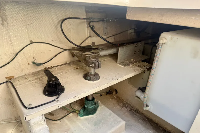 Slide: The Image of Engine compartment of 1985 Chris-Craft 382 Commander with visible wiring and components. - 67