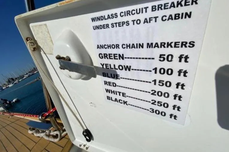 Slide: The Image of Jeanneau 57 sailboat anchor chain markers guide, 2013 model, with windlass circuit breaker location. - 73