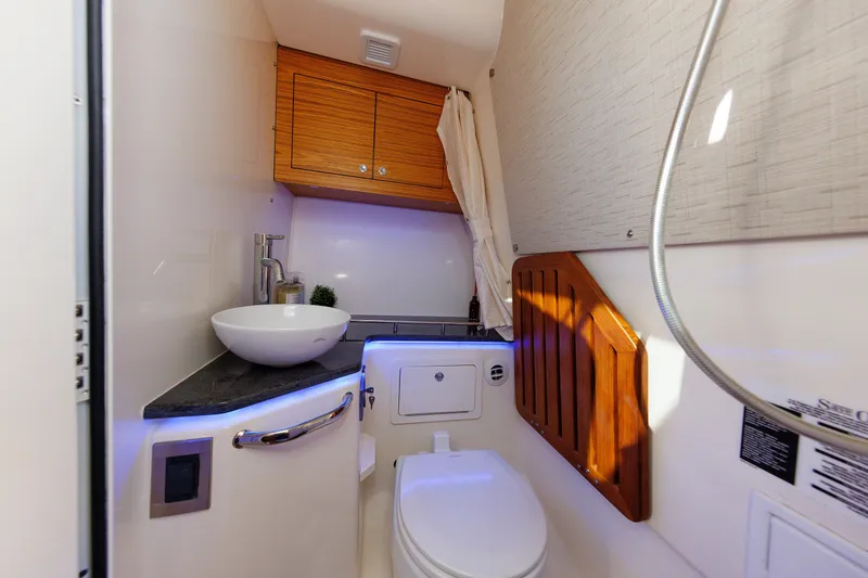 Slide: The Image of 2020 Boston Whaler 380 Realm bathroom with modern sink and wooden cabinetry. - 73
