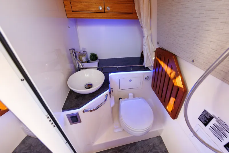 Slide: The Image of Luxurious bathroom interior of 2020 Boston Whaler 380 Realm boat, featuring modern sink and toilet. - 75