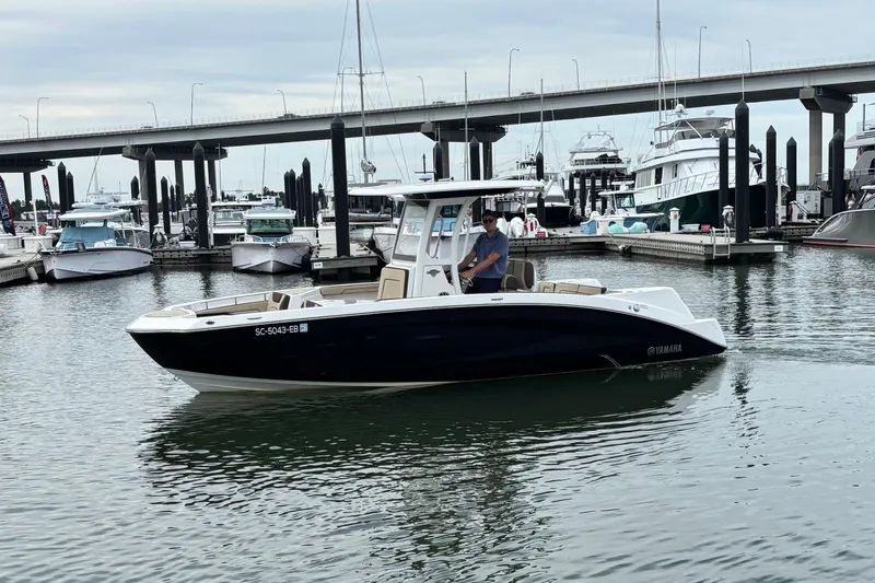 The Image of 2022 Yamaha Boats 255 FSH Sport E in marina, under cloudy sky, near bridge. - 0