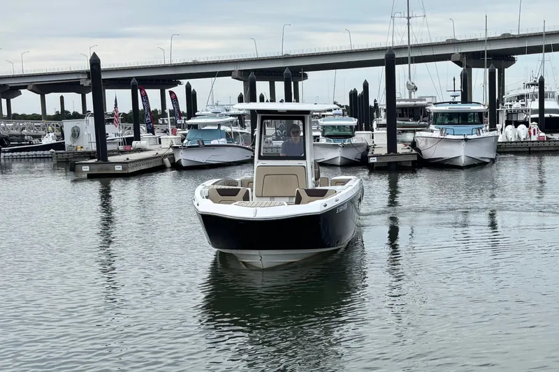 Slide: The Image of 2022 Yamaha Boats 255 FSH Sport E in marina, surrounded by other boats and a bridge. - 2