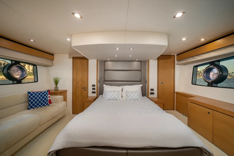 Slide: The Image of Luxurious bedroom interior of 2012 Sunseeker Manhattan 63 yacht with elegant furnishings. - 15