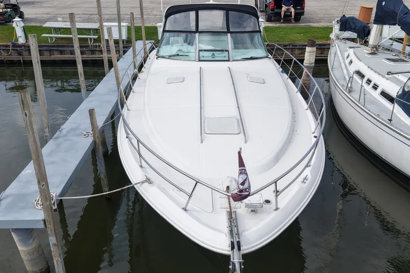 Slide: The Image of 1997 Sea Ray Sundancer 400 yacht docked at marina, aerial view. - 9