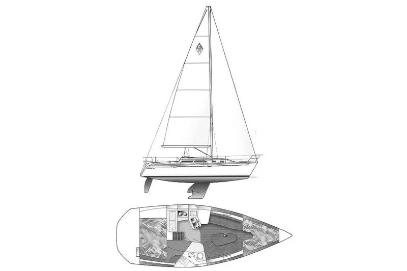 Slide: The Image of 2005 Catalina 320 sailboat diagram with interior layout and sail plan. - 34