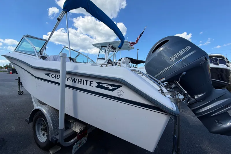 Slide: The Image of 1994 Grady-White Tournament 197 boat with Yamaha outboard motor on trailer. - 2