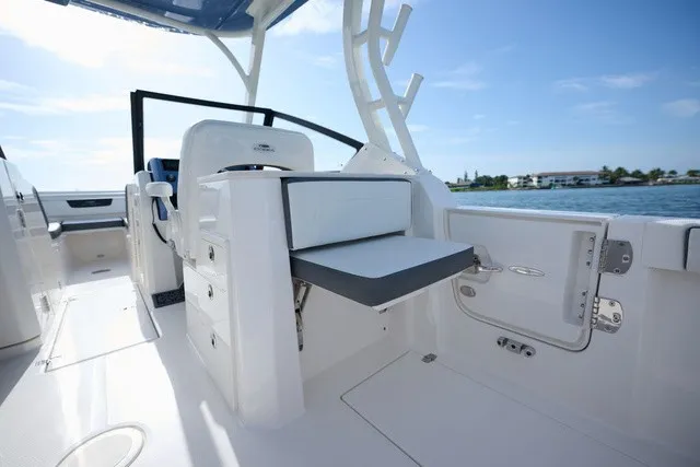 Slide: The Image of The image shows the cockpit of a Cobia 250 DC boat with a fold-out seat. - 17