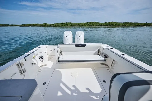Slide: The Image of The image shows the stern of a Cobia 250 DC boat on calm water with two engines. - 18