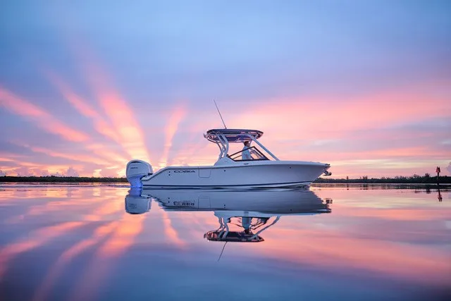 Slide: The Image of 2027 Cobia 250 DC on calm water at sunset, with vibrant colors in the sky. - 25