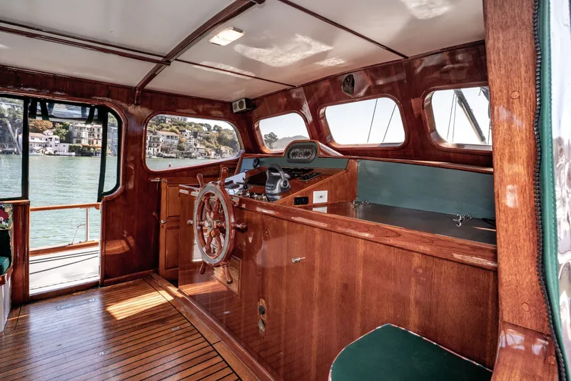 Slide: The Image of Interior of 1981 Thackwray Motorsailor with wooden helm and panoramic windows. - 73