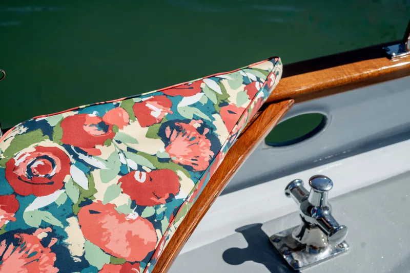 Slide: The Image of Floral cushion on 1981 Thackwray Motorsailor boat with polished wood and metal details. - 28