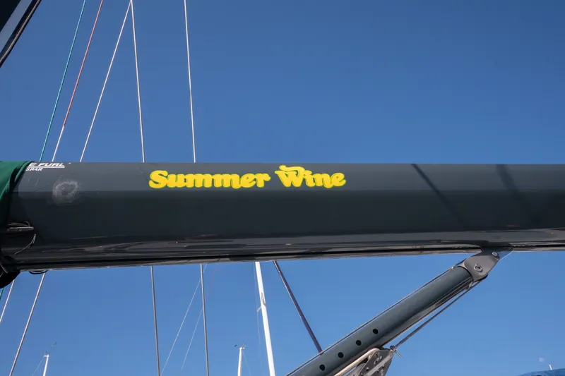 Slide: The Image of Thackwray Motorsailor 1981 "Summer Wine" boom against clear blue sky. - 19