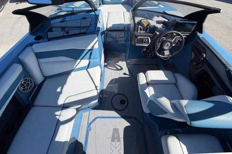 Slide: The Image of Interior of a 2023 Axis T220 with blue and white seating and a modern helm. - 19