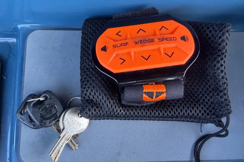Slide: The Image of Orange Axis T220 remote control with keys on a mesh pouch, 2023 model. - 24