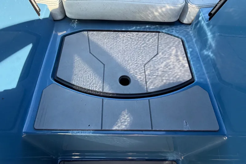 Slide: The Image of Deck area of an Axis T220 boat with a blue surface and gray cover. - 43