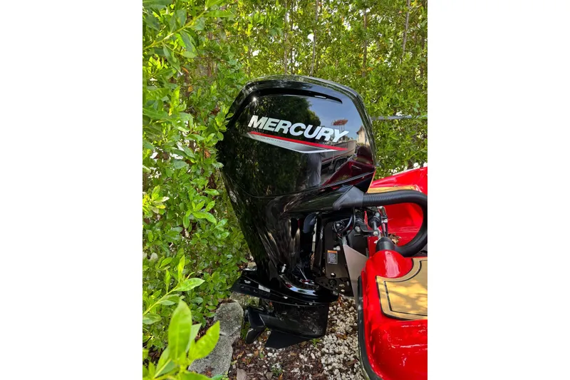 Slide: The Image of Boat with Mercury outboard motor, surrounded by greenery, Cary 16 model, year 2000. - 2