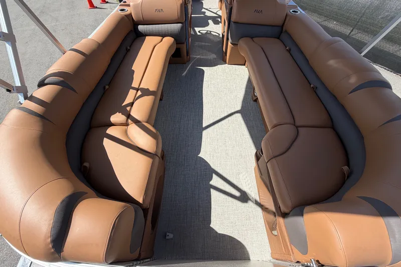 Slide: The Image of 2025 Avalon Excalibur LTD Quad Lounge interior with tan seating, 27-foot model. - 67