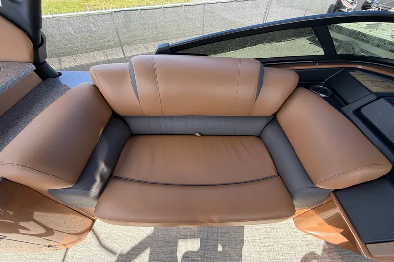 Slide: The Image of Luxurious brown seating on 2025 Avalon Excalibur LTD Quad Lounge boat. - 37